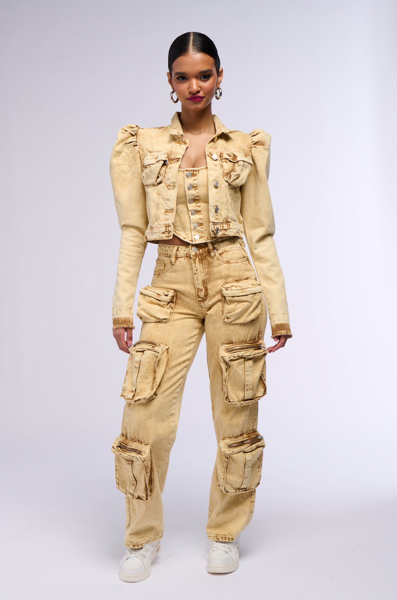 Extra View Distressed Denim Puff Shoulder Jacket