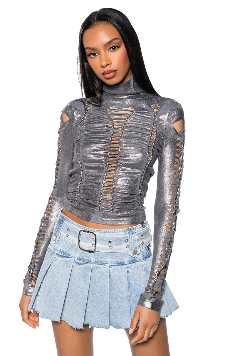 Front View Distressed Metallic Sheen Turtleneck Knit Top