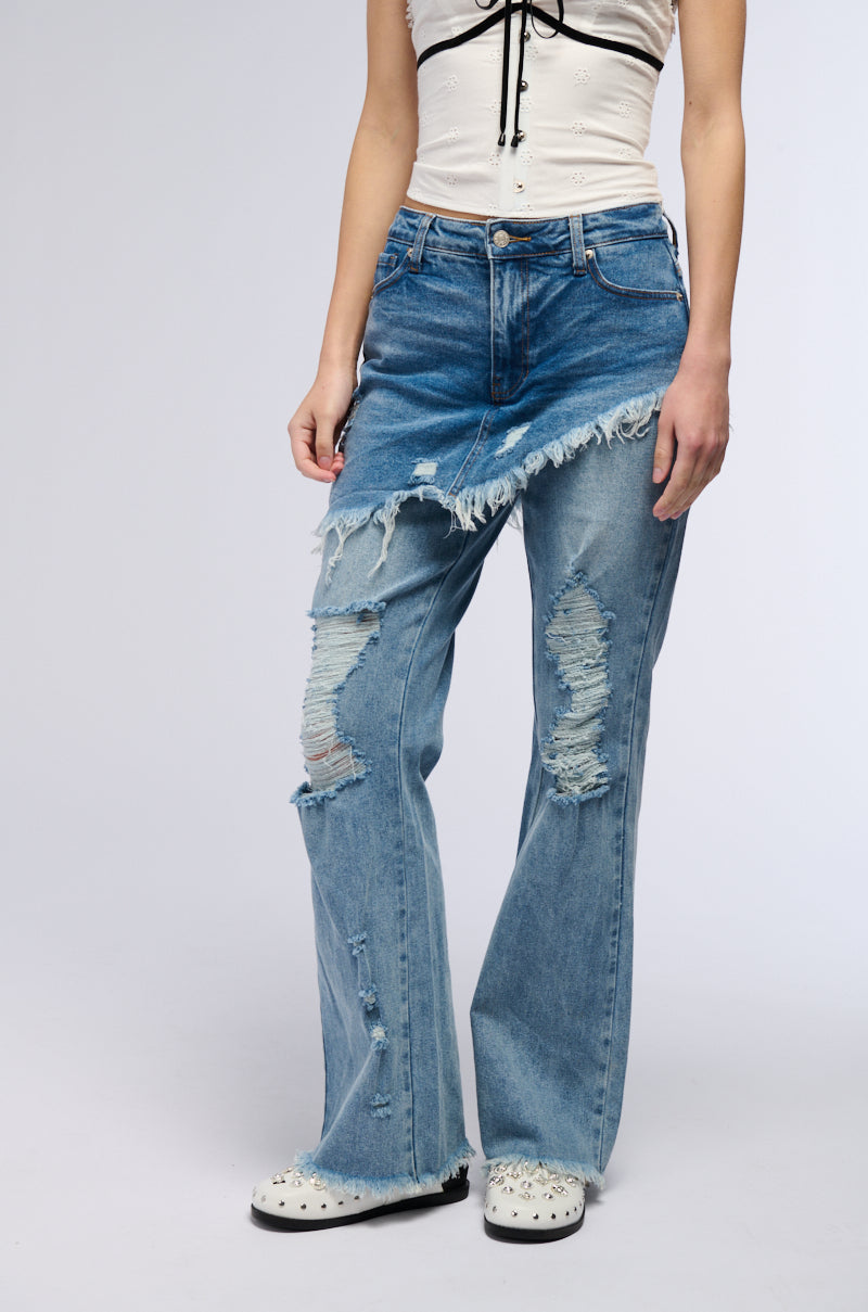 DISTRESSED SKIRT STRAIGHT LEG DENIM JEANS view 0