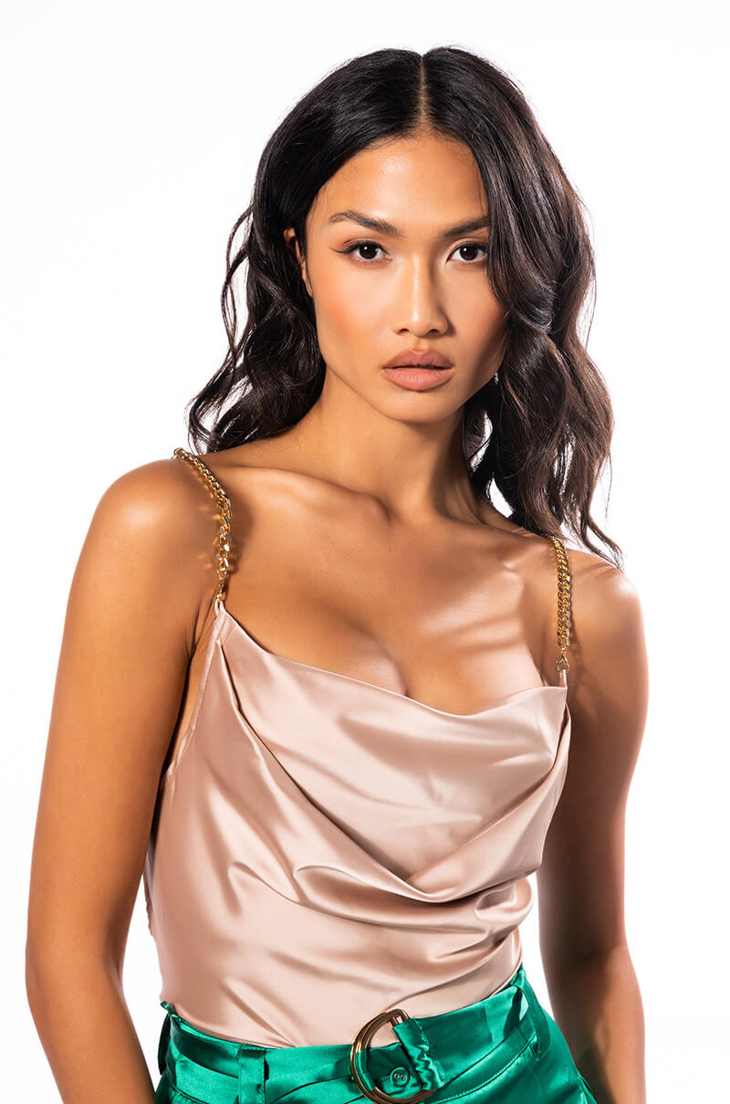 SLEEVELESS CHAIN DETAIL SATIN COWL NECK view 0