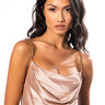 Front View Diva Drip Sleeveless Chain Detail Satin Cowl Neck Blouse