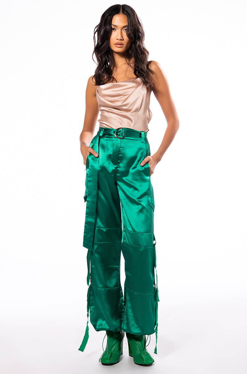 Back View Diva Drip Sleeveless Chain Detail Satin Cowl Neck Blouse