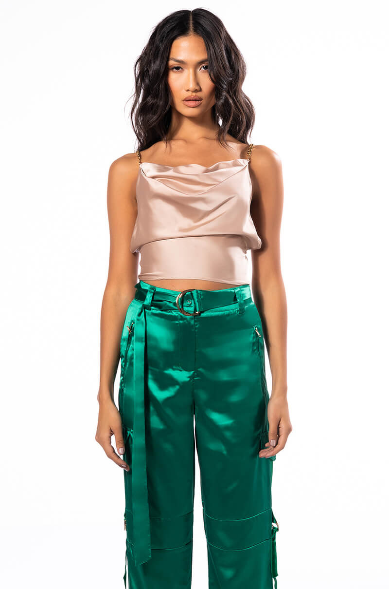 Extra View Diva Drip Sleeveless Chain Detail Satin Cowl Neck Blouse