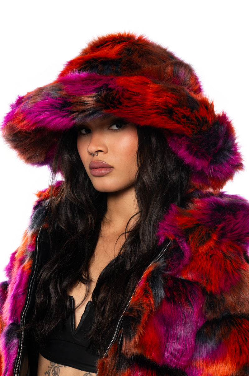 Front View Divine Feminine Oversized Faux Fur Bucket Hat 2