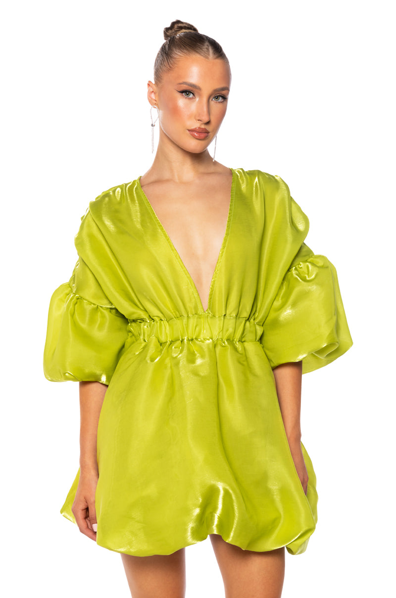 Front View Dixie Balloon Sleeve Mini Dress In Lime