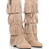 Front View Dixie Fringe Wedge Boot In Khaki