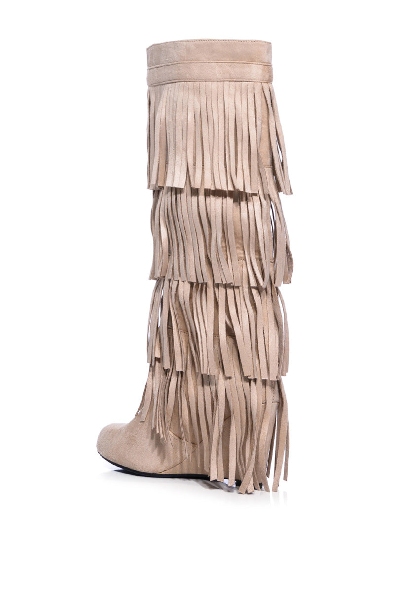 Detail View Dixie Fringe Wedge Boot In Khaki