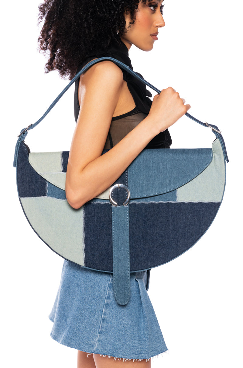 Front View Do It To Em Patchwork Denim Purse