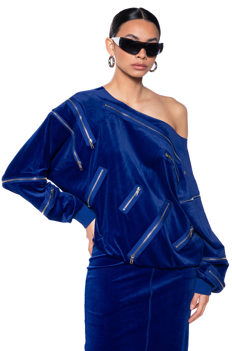 Front View Do No Wrong Velvet Long Sleeve Top In Royal Blue