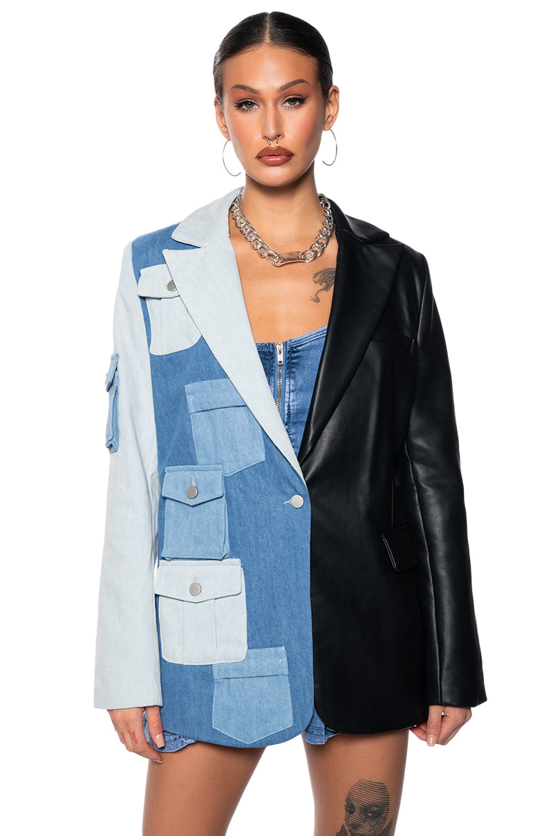 Side View Do What You Do Half Denim Half Pu Blazer