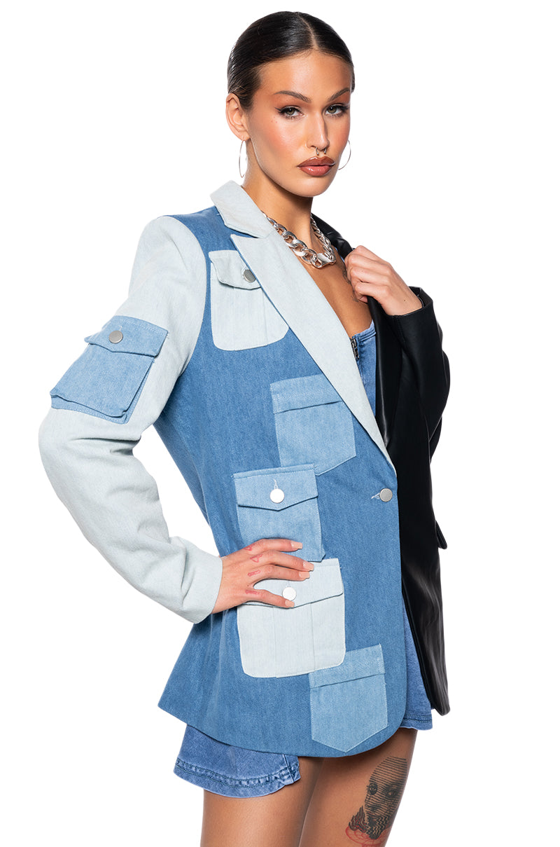 Back View Do What You Do Half Denim Half Pu Blazer