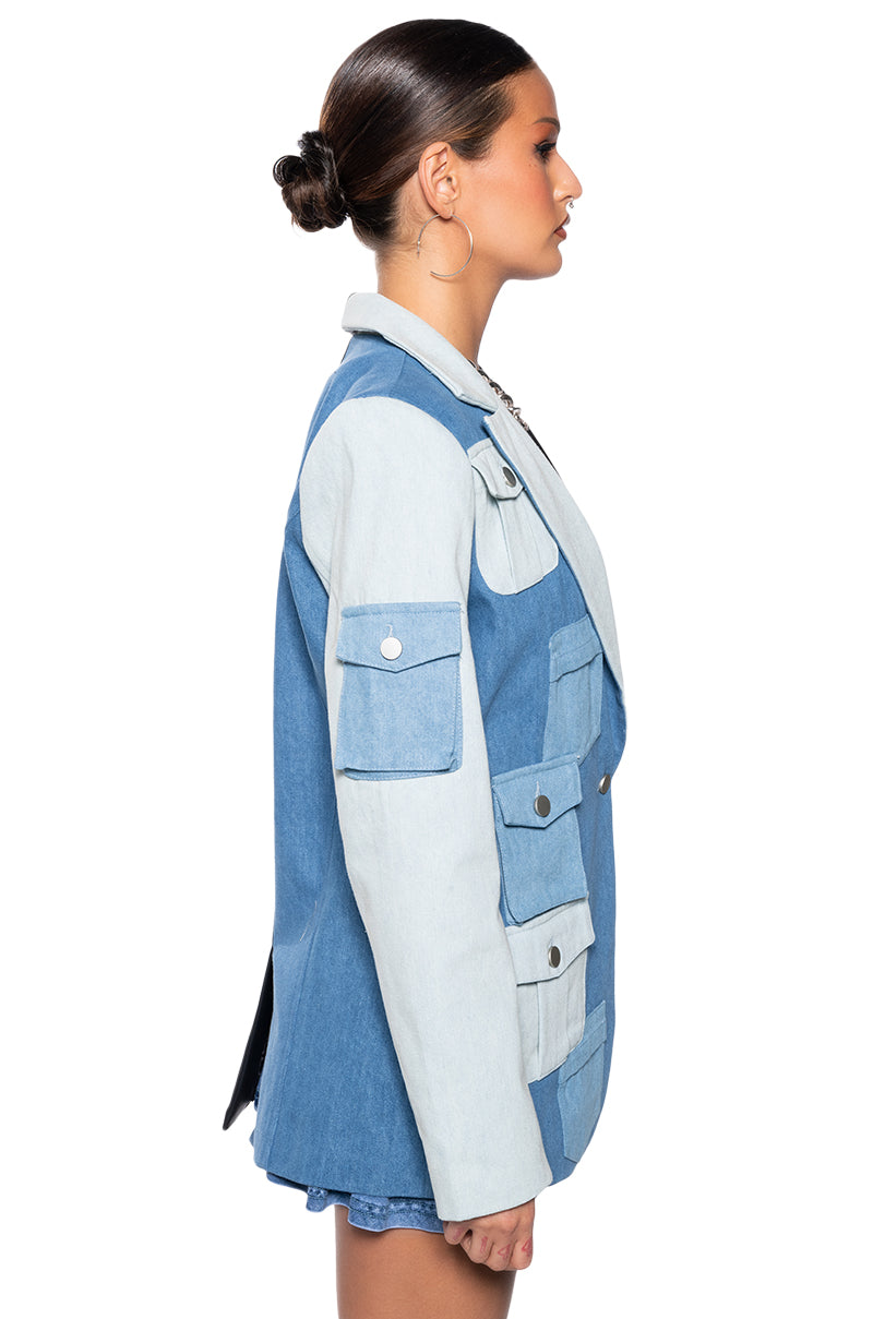 Full View Do What You Do Half Denim Half Pu Blazer