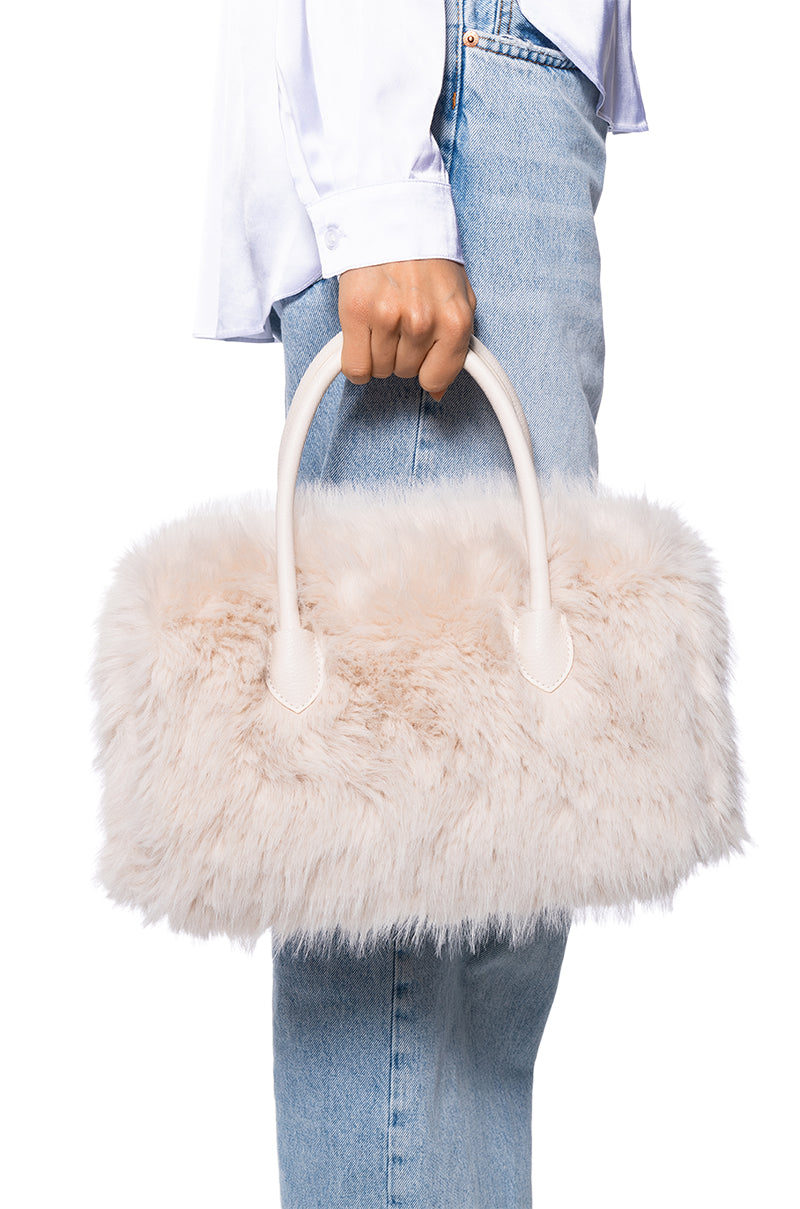 Front View Doing Damage Faux Fur Tote