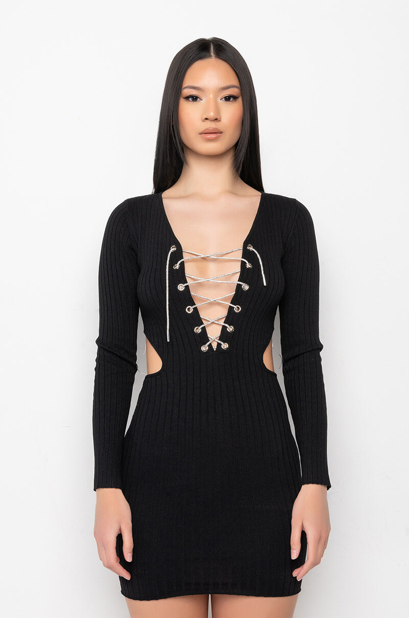 Back View Doing My Thang Rhinestone Lace Up Front Mini Dress