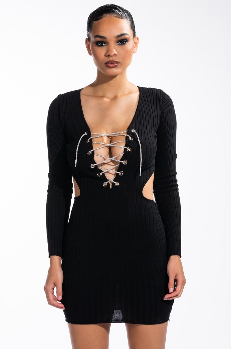 Back View Doing My Thang Rhinestone Lace Up Front Mini Dress