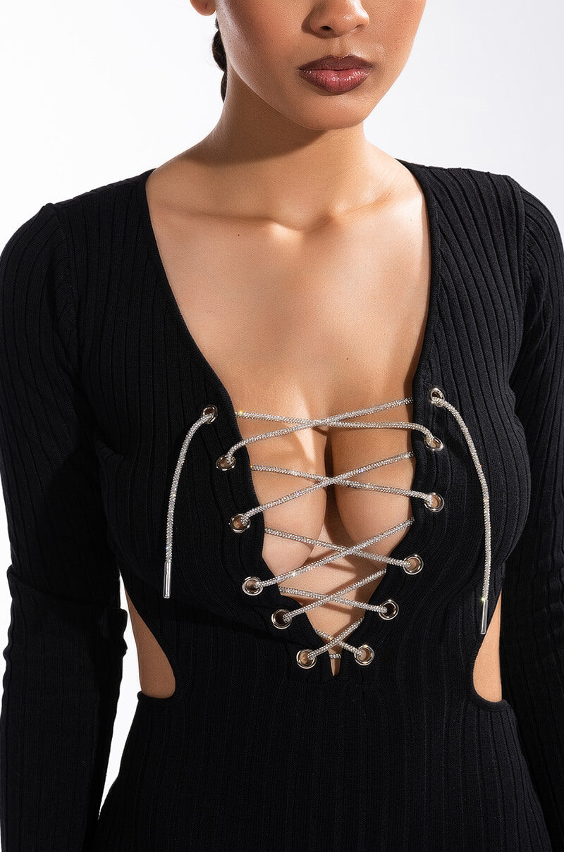 Extra View Doing My Thang Rhinestone Lace Up Front Mini Dress