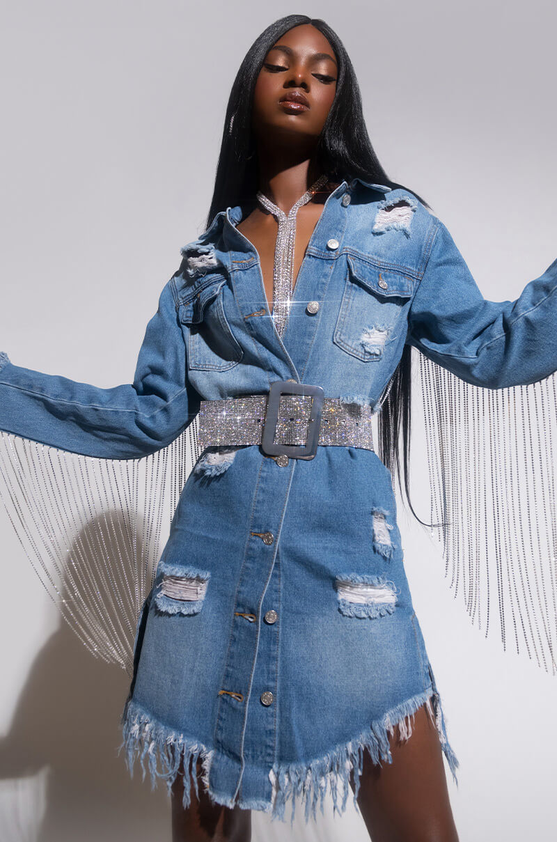 Front View Dollys Sis Rhinestone Long Denim Jacket in Medium Blue Denim