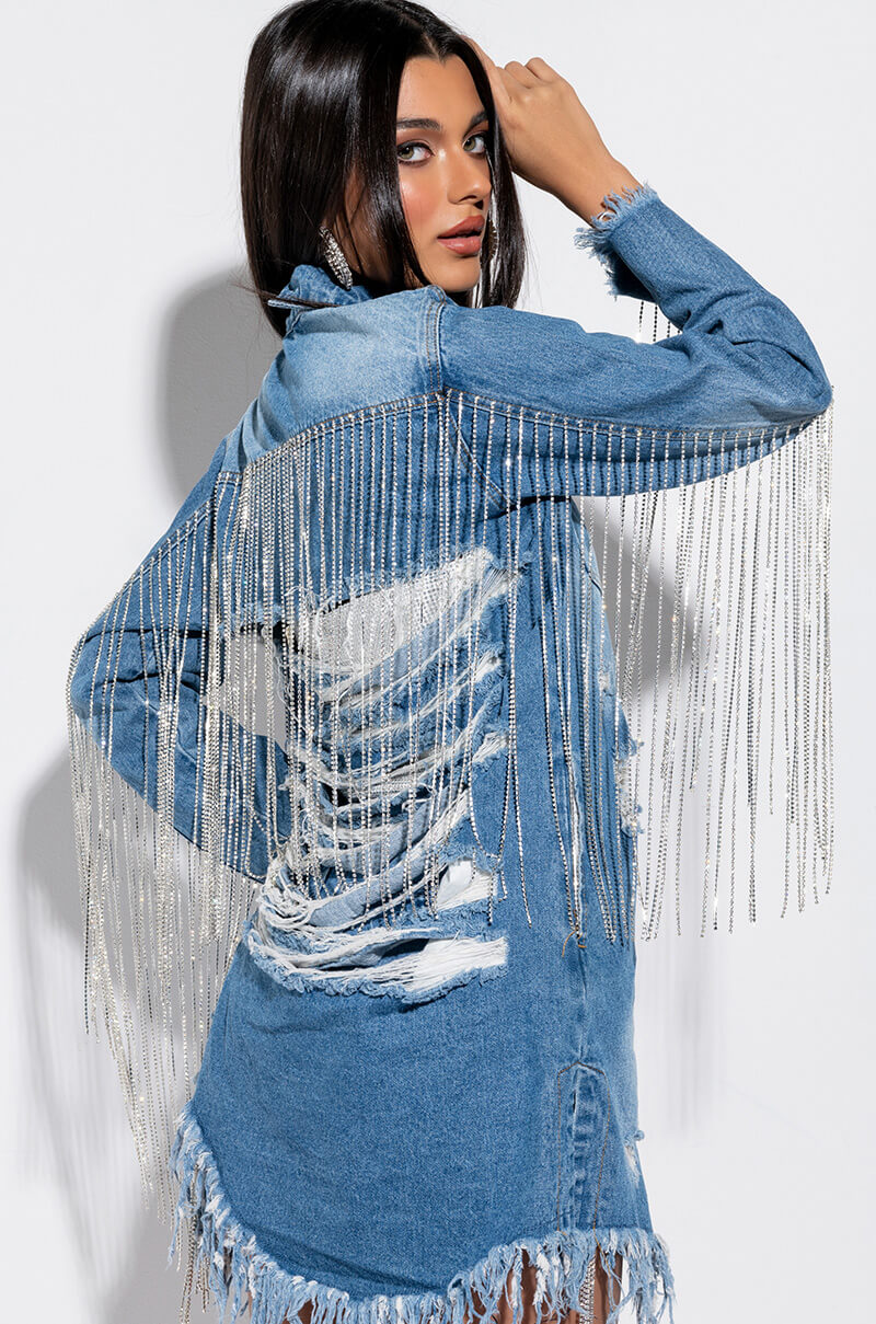 Side View Dollys Sis Rhinestone Long Denim Jacket