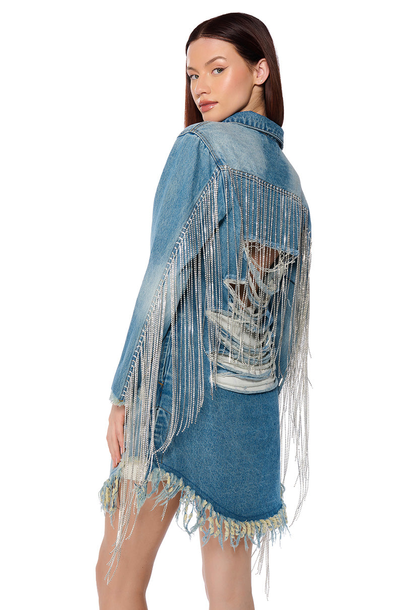 Side View Dollys Sis Rhinestone Long Denim Jacket