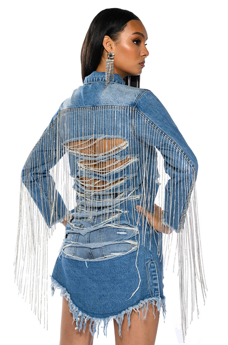 Side View Dollys Sis Rhinestone Long Denim Jacket