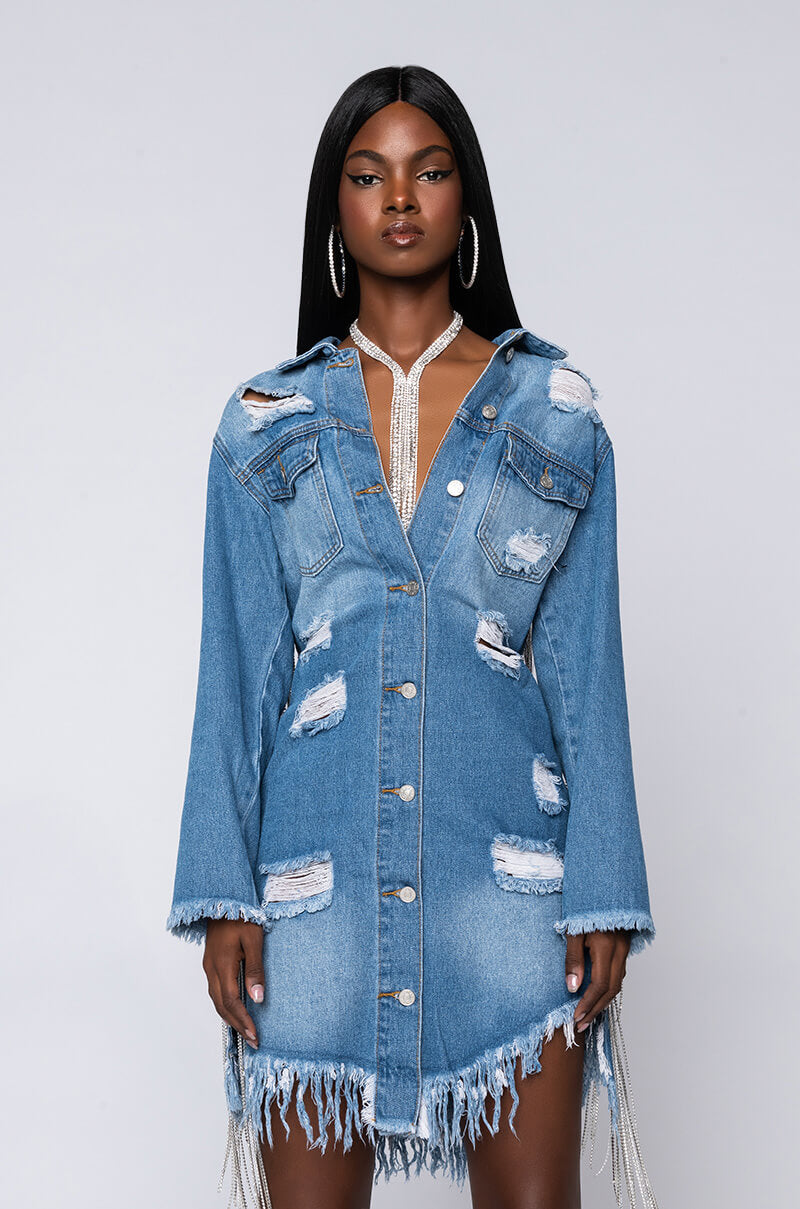 Back View Dollys Sis Rhinestone Long Denim Jacket in Medium Blue Denim