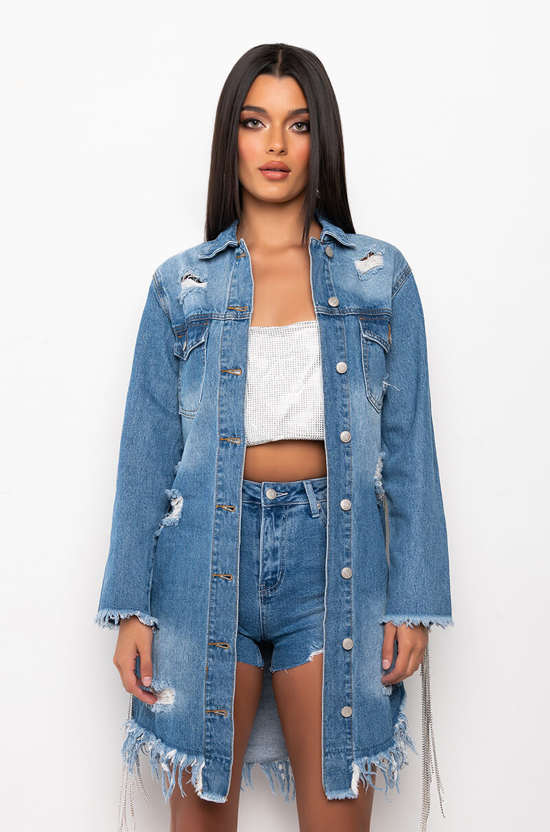 Detail View Dollys Sis Rhinestone Long Denim Jacket