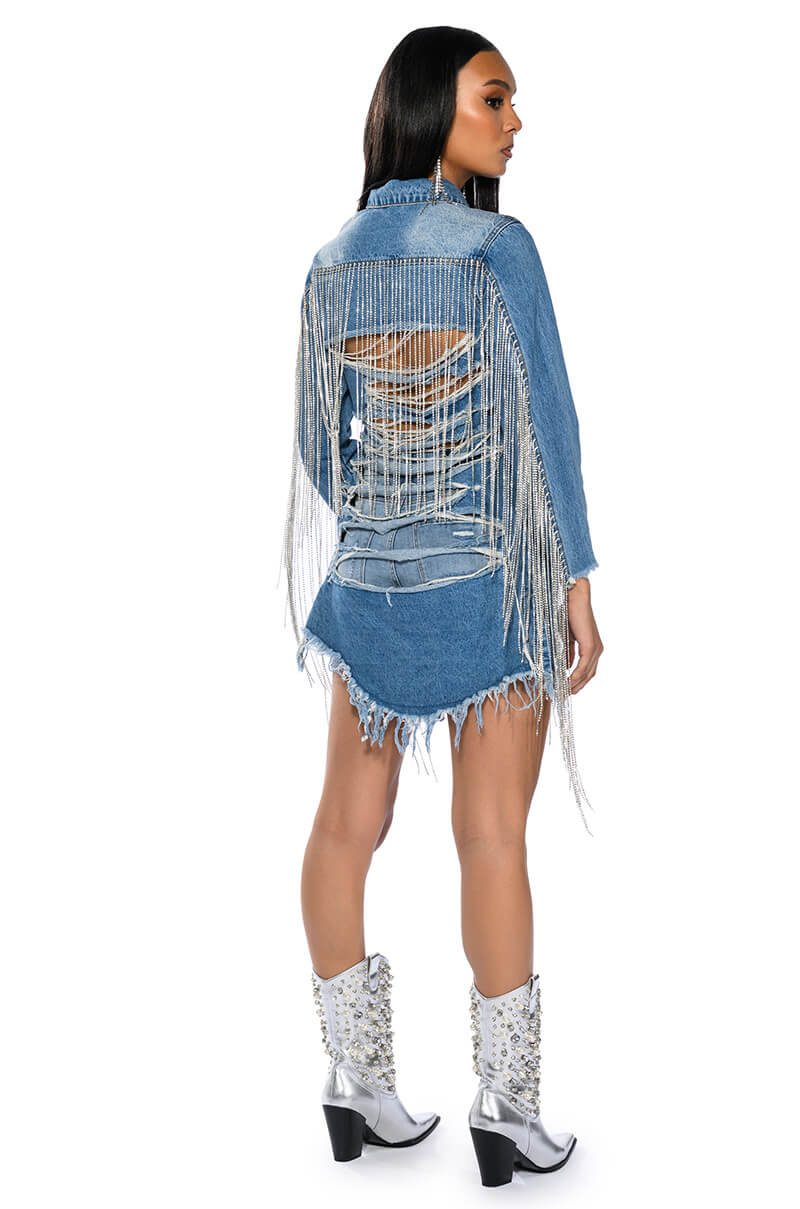 Detail View Dollys Sis Rhinestone Long Denim Jacket