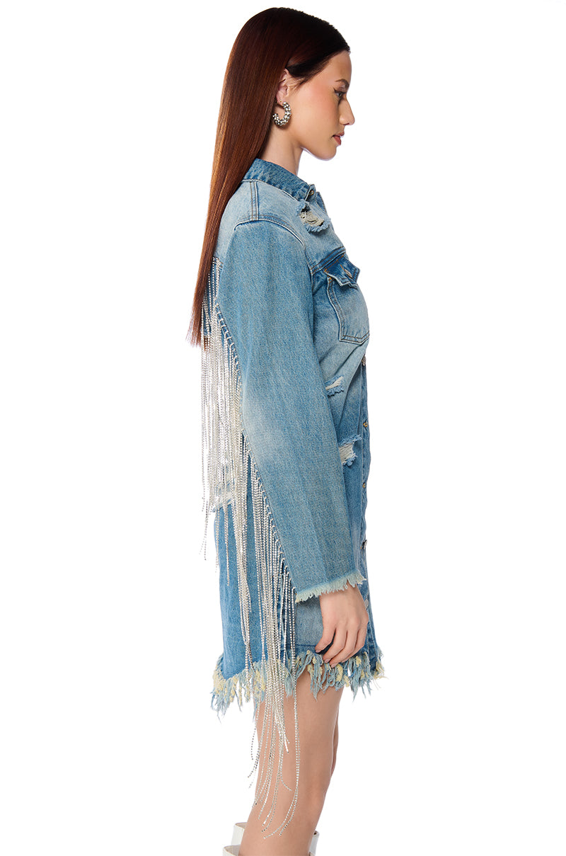 Detail View Dollys Sis Rhinestone Long Denim Jacket