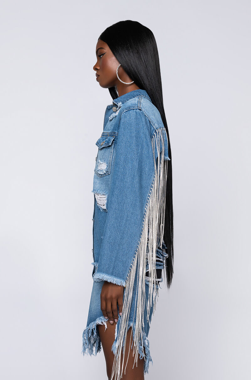 Detail View Dollys Sis Rhinestone Long Denim Jacket in Medium Blue Denim