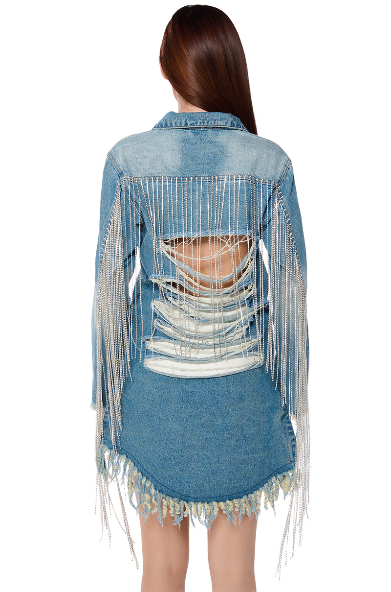 Full View Dollys Sis Rhinestone Long Denim Jacket