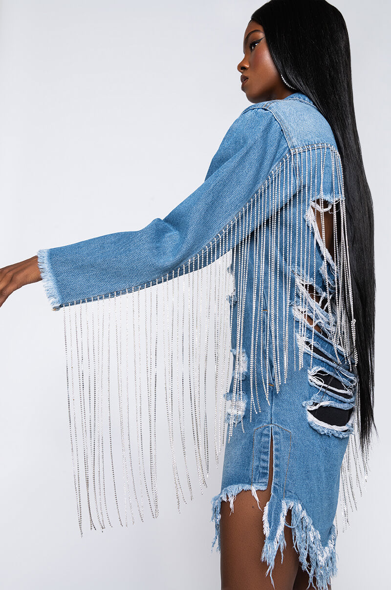 Dollys Sis Rhinestone Long Denim Jacket in Medium Blue Denim