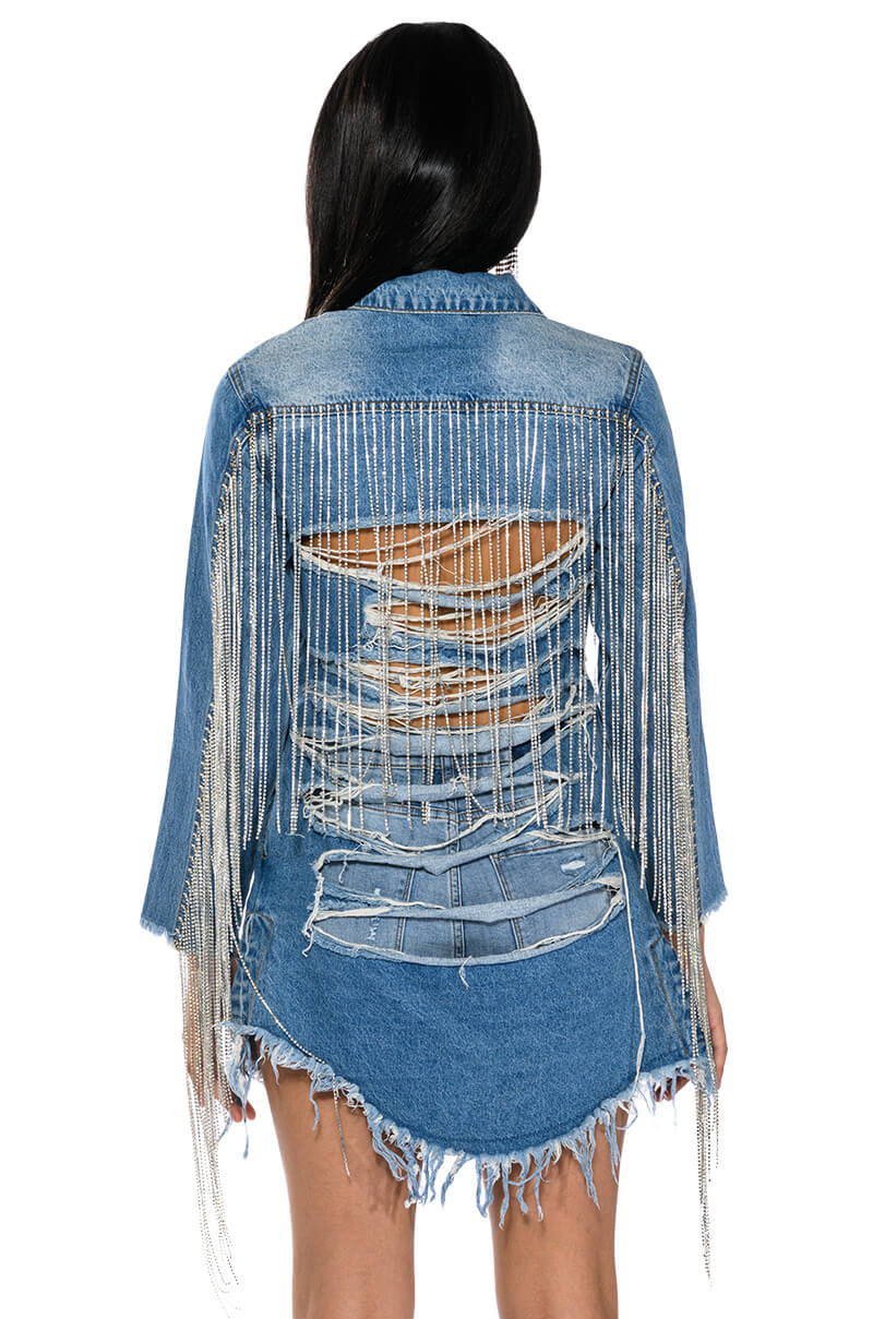 Extra View Dollys Sis Rhinestone Long Denim Jacket