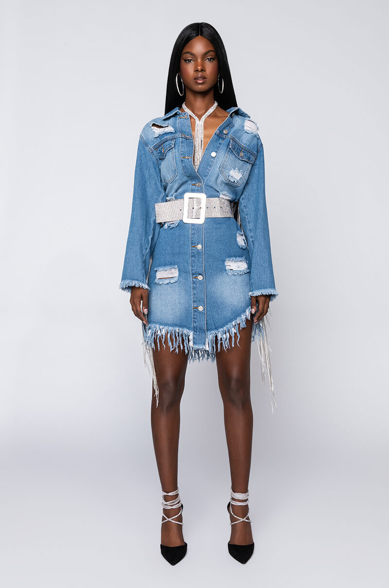  Dollys Sis Rhinestone Long Denim Jacket in Medium Blue Denim