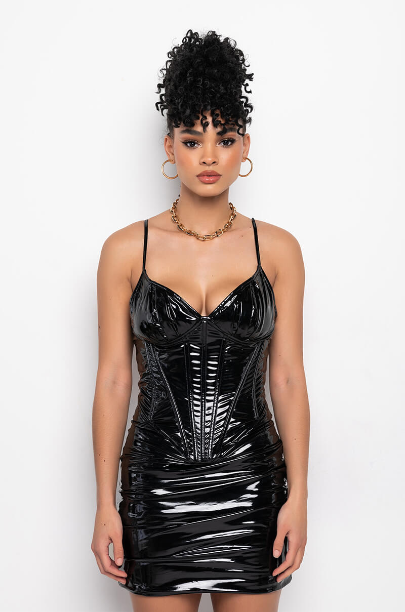 DOM QUEEN VINYL CORSET MINI DRESS BLACK AKIRA DOM QUEEN VINYL CORSET MINI DRESS BLACK AKIRA