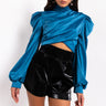 Front View Dont Break Long Sleeve Satin Crop Top in Blue