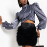 Front View Dont Break Long Sleeve Satin Crop Top in Charcoal Grey