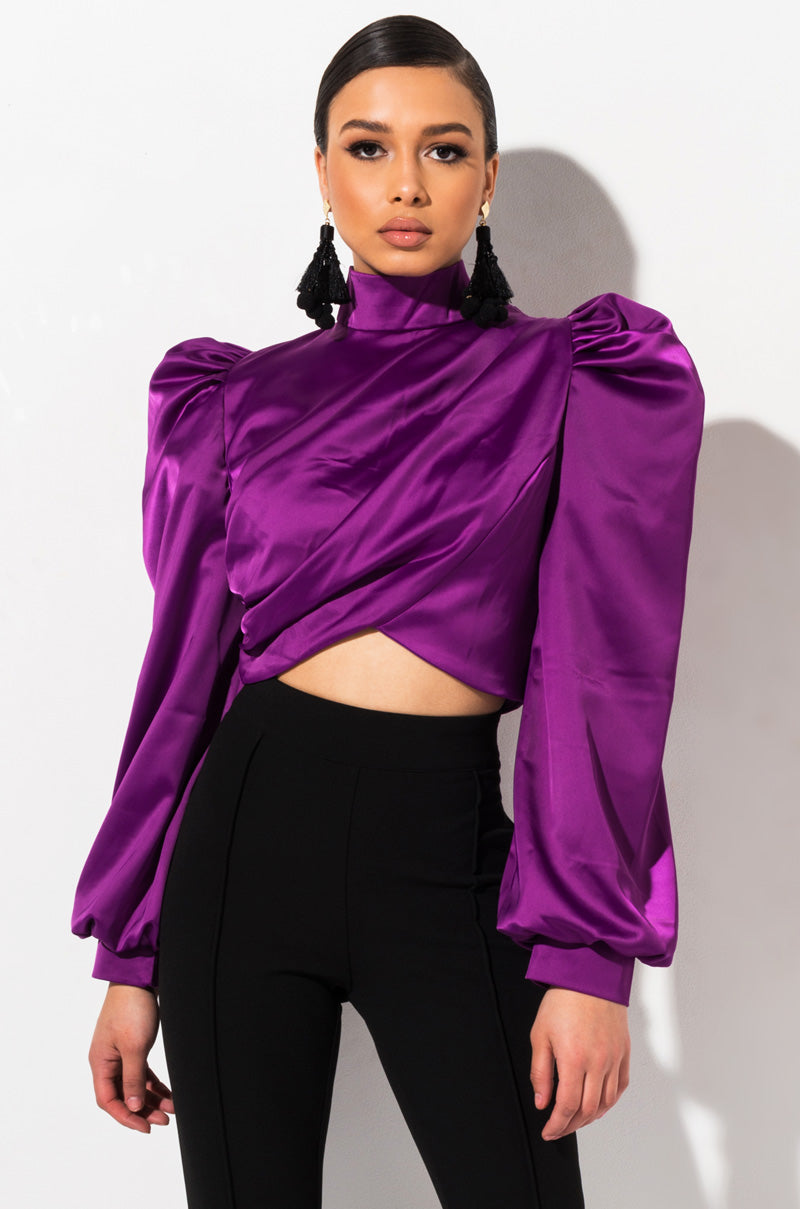 Front View Dont Break Long Sleeve Satin Crop Top in Purple