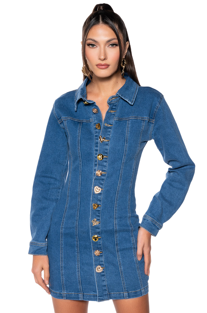 Front View Dont Push My Buttons Denim Mini Dress