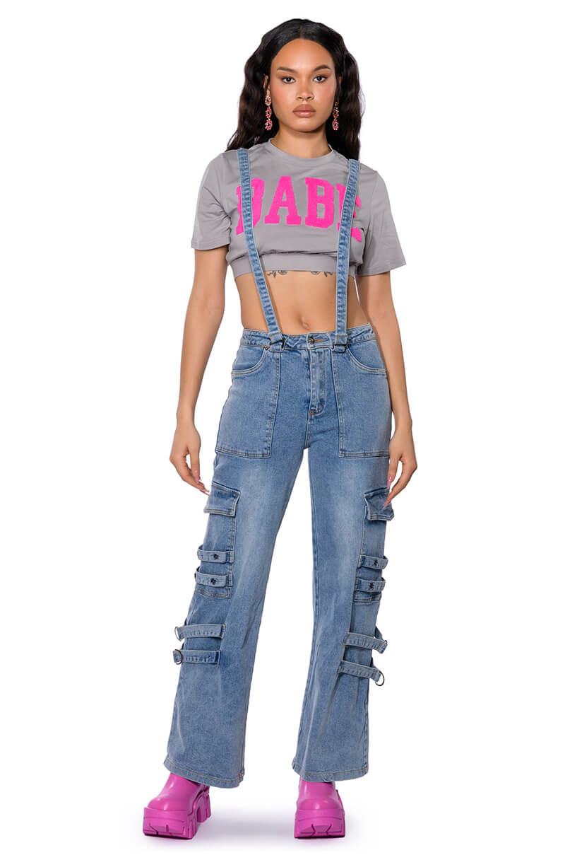 Back View Dont Take Him Back Wide Leg Suspender Cargo Jeans 8