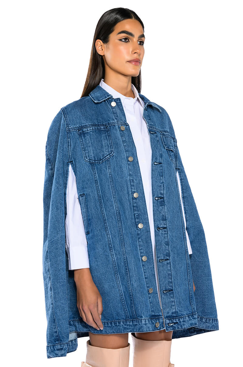 Side View Dont Talk Loud Denim Trench Poncho