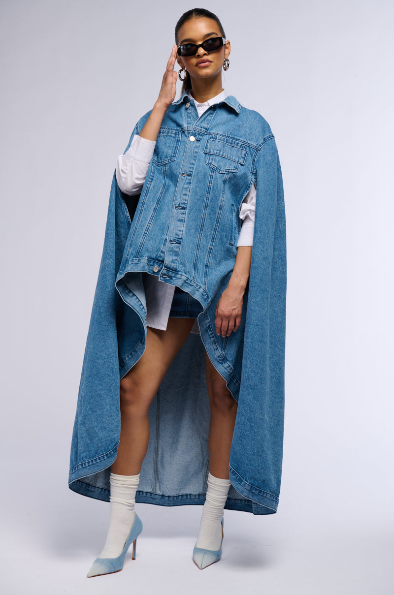 Back View Dont Talk Loud Maxi Denim Poncho