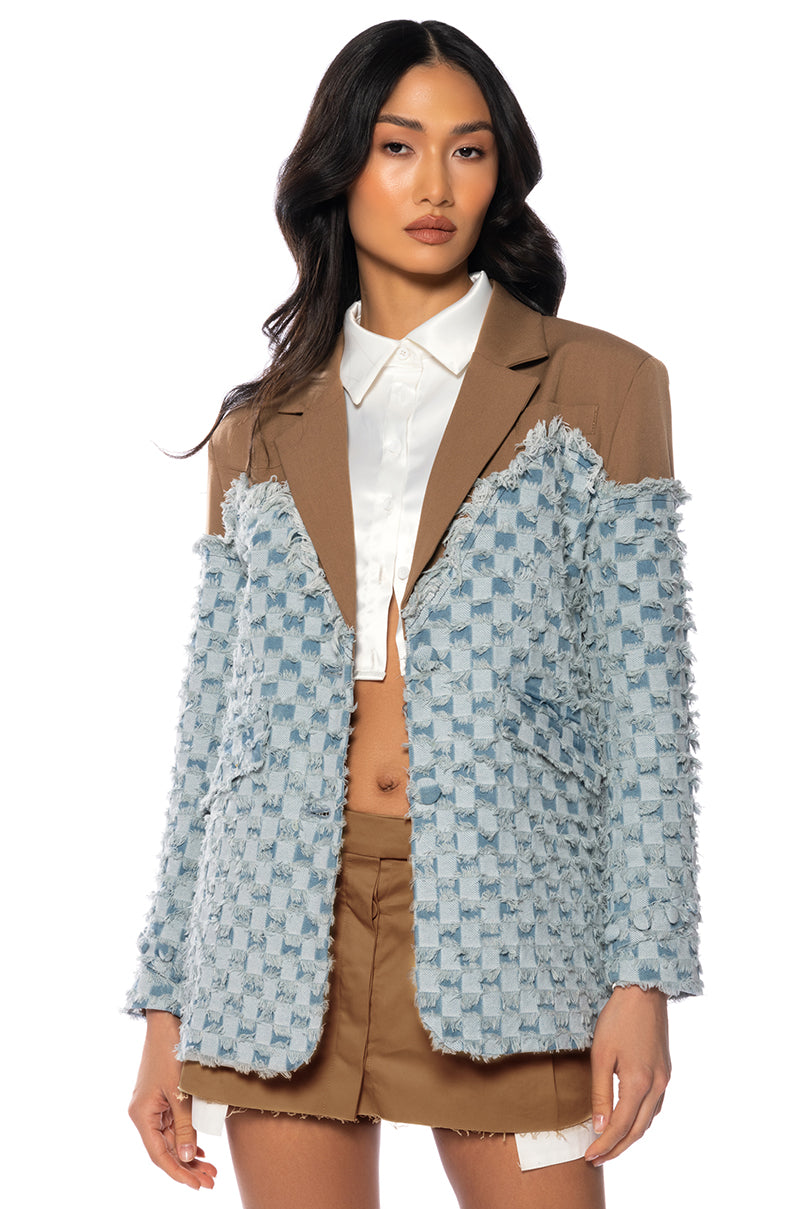 Front View Dont Try Me Distressed Denim Blazer