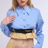 Front View Double Belted Poplin Button Down Collared Shirt