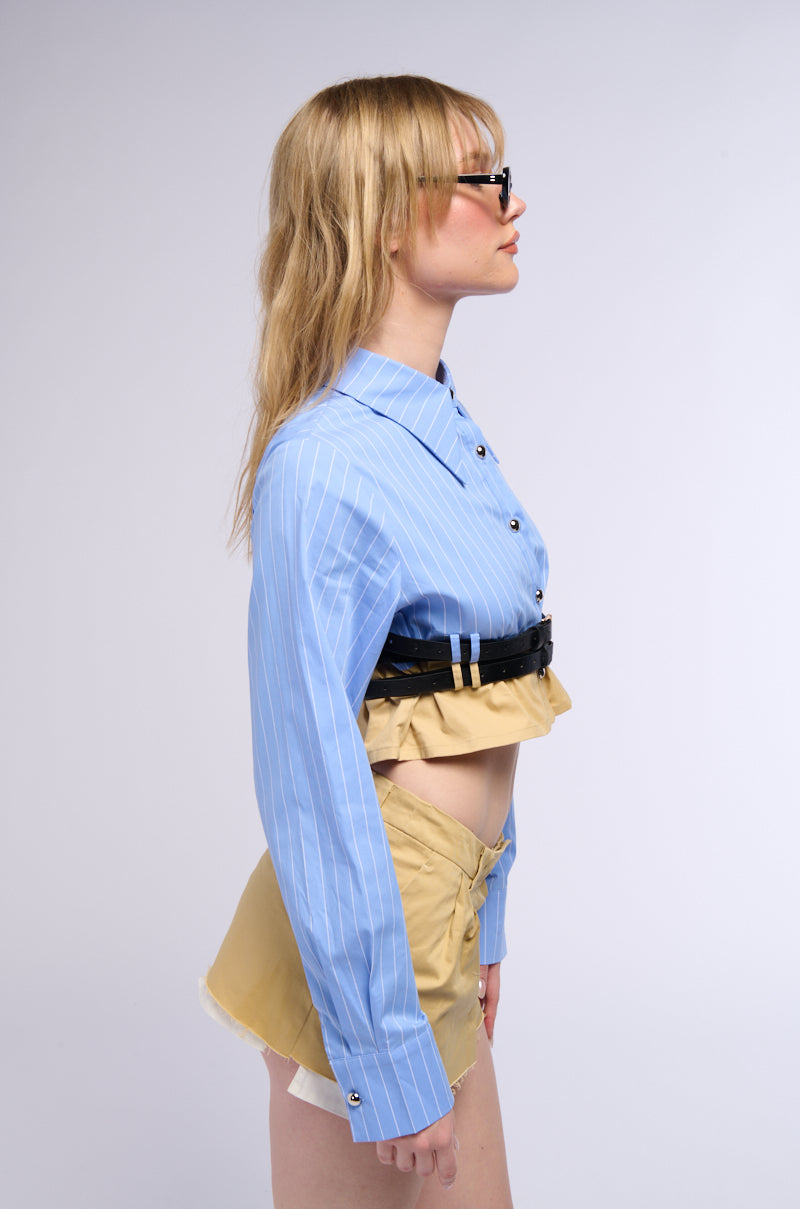 Back View Double Belted Poplin Button Down Collared Shirt