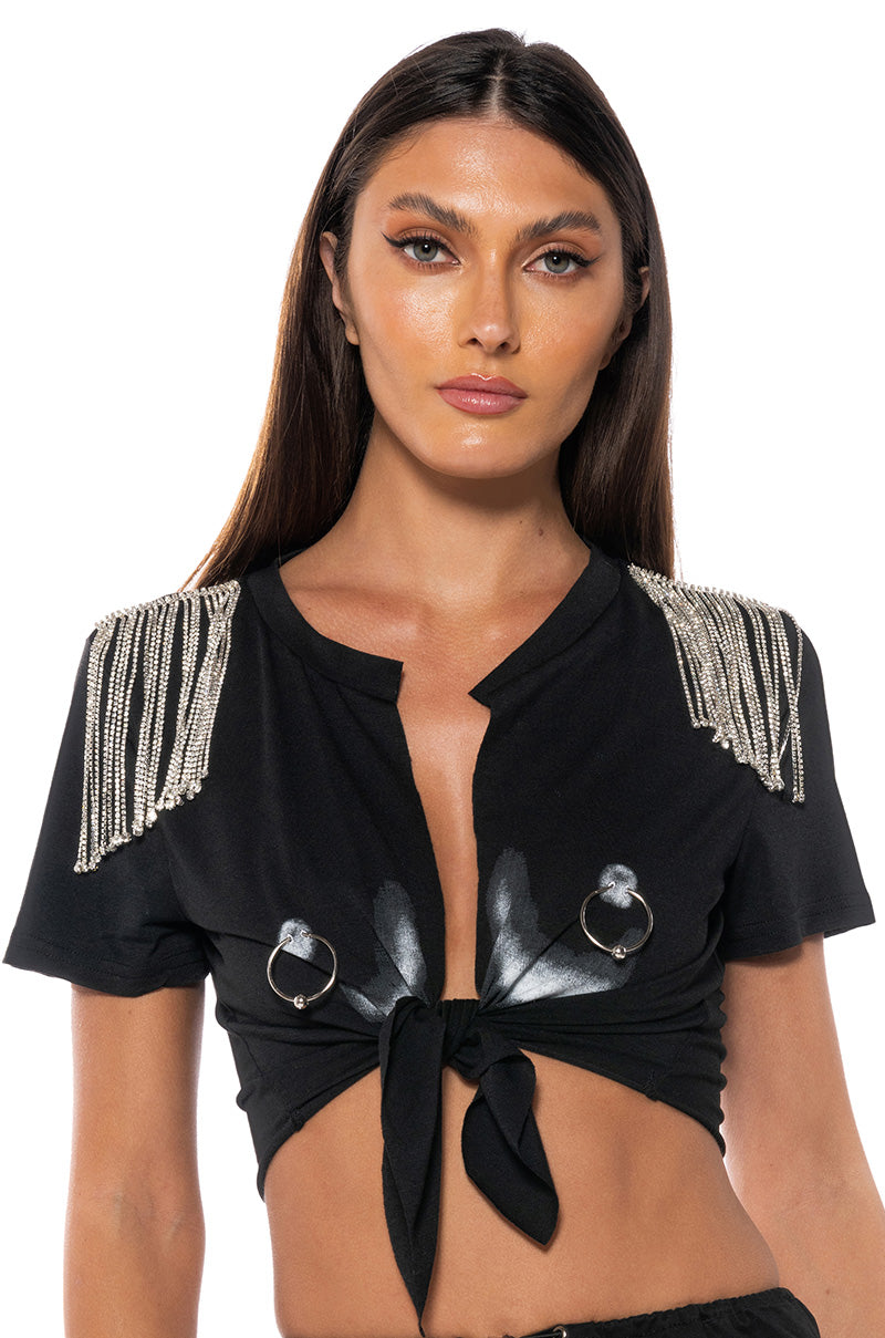Front View Double Take Embellished T Shirt In Black