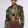 Front View Double Trouble Crop Camo Denim Jacket