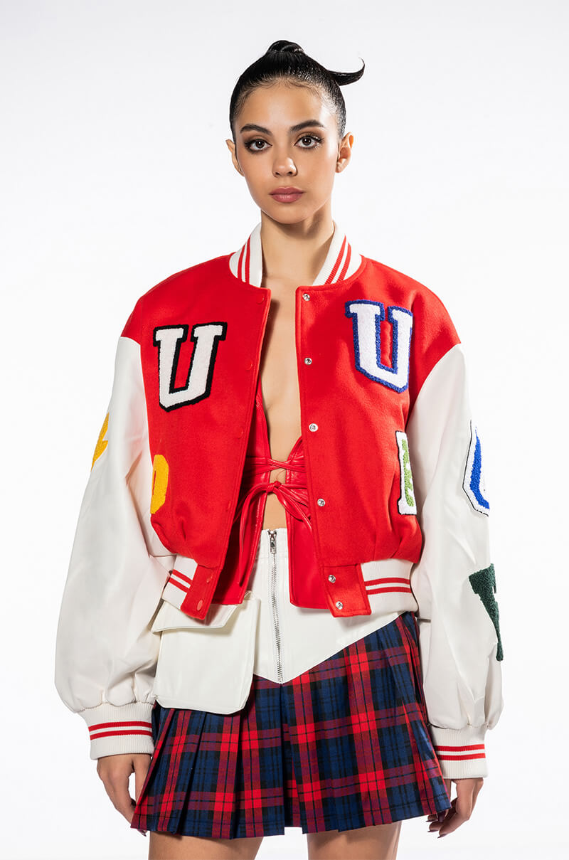 Detail View Double U Felt Patch Varsity Bomber