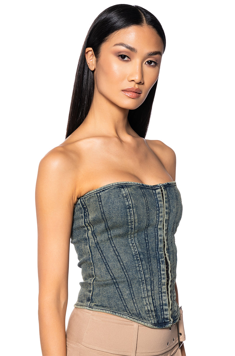 Side View Double Vision Vintage Wash Denim Corset Top