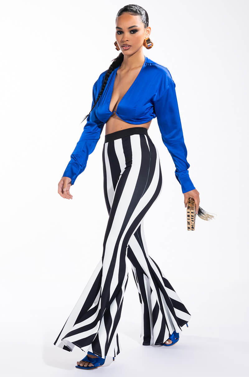 Side View Down To The Wire Cropped Long Sleeve V Neck Satin Blouse