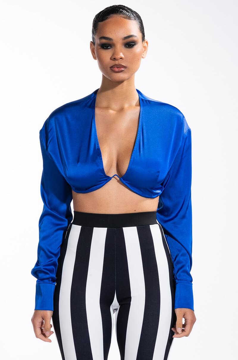 Back View Down To The Wire Cropped Long Sleeve V Neck Satin Blouse
